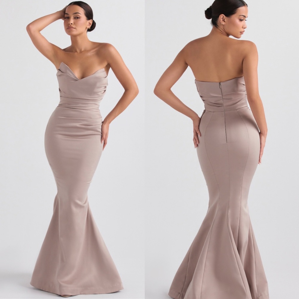 HOUSE OF CB - FLEUR MUSHROOM SATIN STRAPLESS GOWN NWOT mermaid dress S